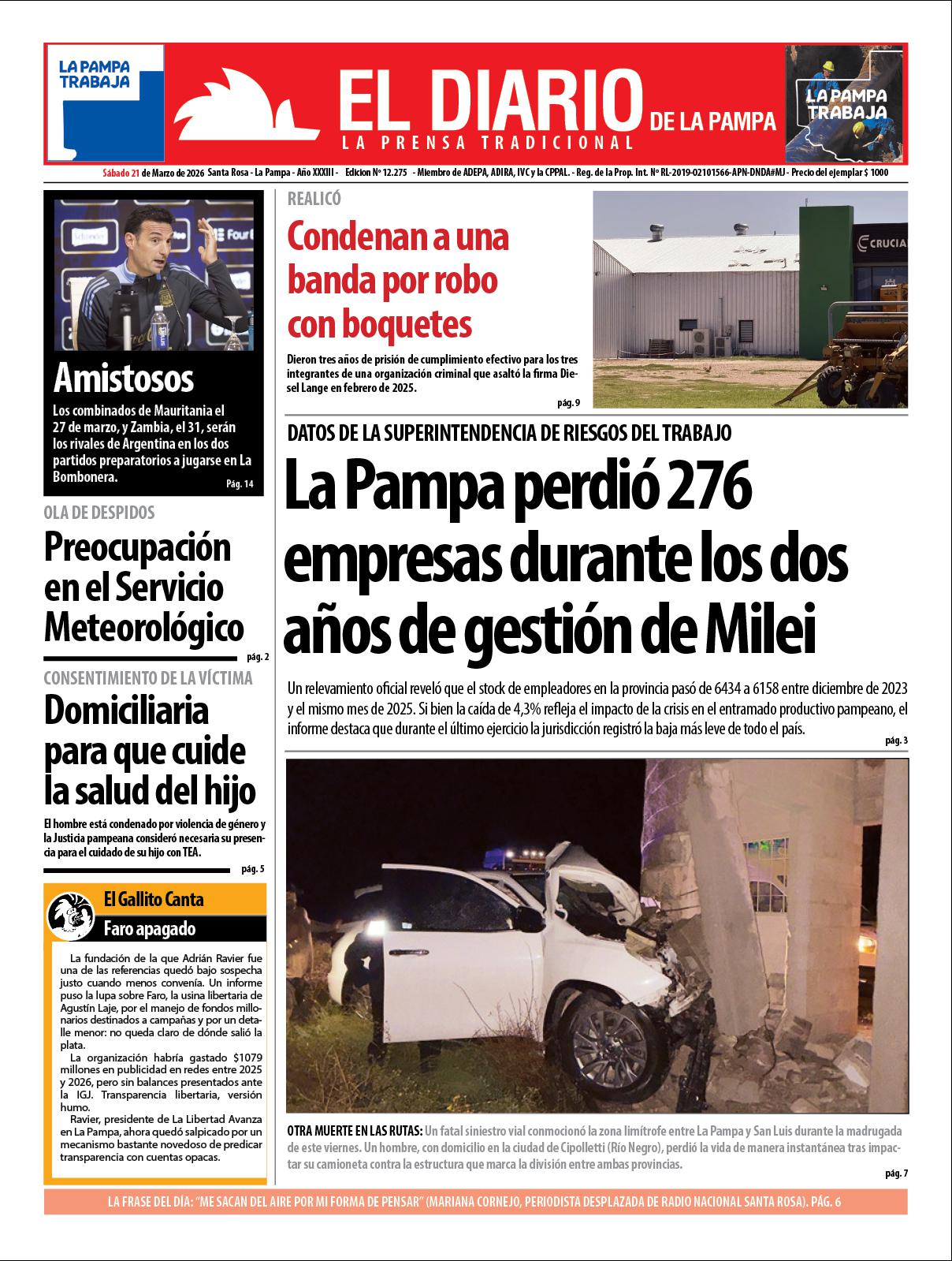 Tapa de El Diario en papel  saacutebado 21 de marzo de 2026